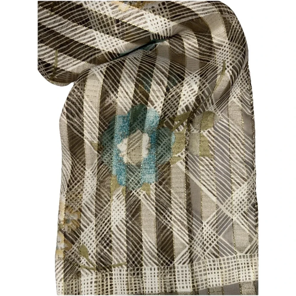 Women's Shimmer Scarf Brown & Taupe Plaid Gold Pinstripes Blue & Yellow Florals